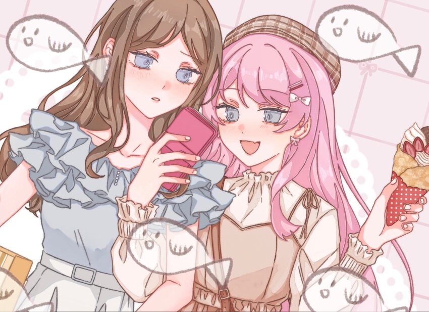 2girls bang_dream! bang_dream!_it&#039;s_mygo!!!!! blue_eyes blue_shirt bow brown_hair brown_hat cellphone chihaya_anon commentary_request crepe fang fish food grey_eyes hair_bow hair_ornament hairclip hat highres holding holding_crepe holding_food holding_phone locked_arms long_hair long_sleeves multiple_girls nagasaki_soyo open_mouth parted_lips phone pink_background pink_hair plaid_hat shirt short_sleeves skin_fang smartphone smile white_bow yellow_shirt yuyuyang0402