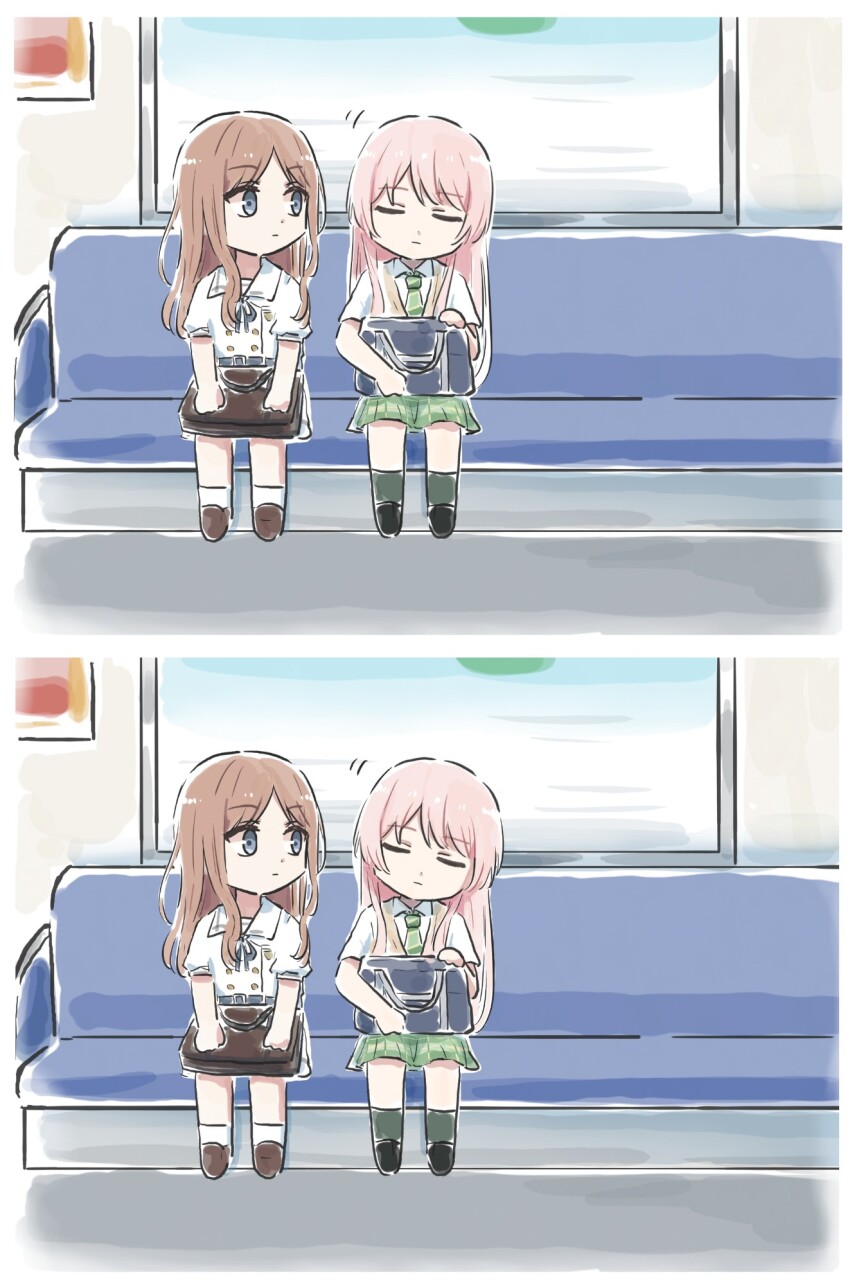 2girls bag bang_dream! bang_dream!_it&#039;s_mygo!!!!! black_shoes blue_background blue_eyes brown_bag brown_hair chihaya_anon closed_eyes closed_mouth commentary diagonal-striped_clothes diagonal-striped_necktie dress green_necktie green_skirt green_socks haneoka_school_uniform highres juliet_sleeves kneehighs long_hair long_sleeves looking_at_another lyy multiple_girls nagasaki_soyo necktie one_eye_closed pink_hair plaid_clothes plaid_skirt pleated_skirt puffy_sleeves school_bag school_uniform shirt shoes short_hair sidelocks sitting skirt sleeping socks striped_clothes symbol-only_commentary train_interior tsukinomori_school_uniform white_dress white_shirt white_socks