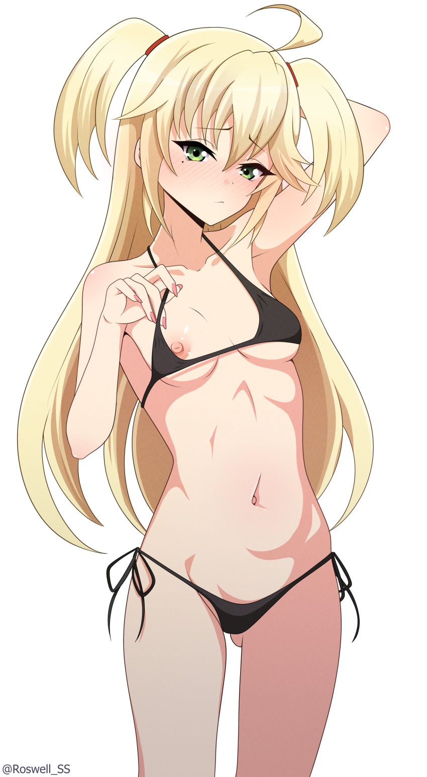 1girl absurdres admiral_hipper_(azur_lane) arm_behind_head azur_lane bikini bikini_top_lift black_bikini blonde_hair blush breasts clothes_lift commentary embarrassed frown green_eyes hair_between_eyes hand_up highres hip_focus lifting_own_clothes long_hair mole mole_under_eye navel nipple_slip nipples petite presenting roswell_ss side-tie_bikini_bottom simple_background small_breasts solo stomach swimsuit thighs two_side_up underboob very_long_hair