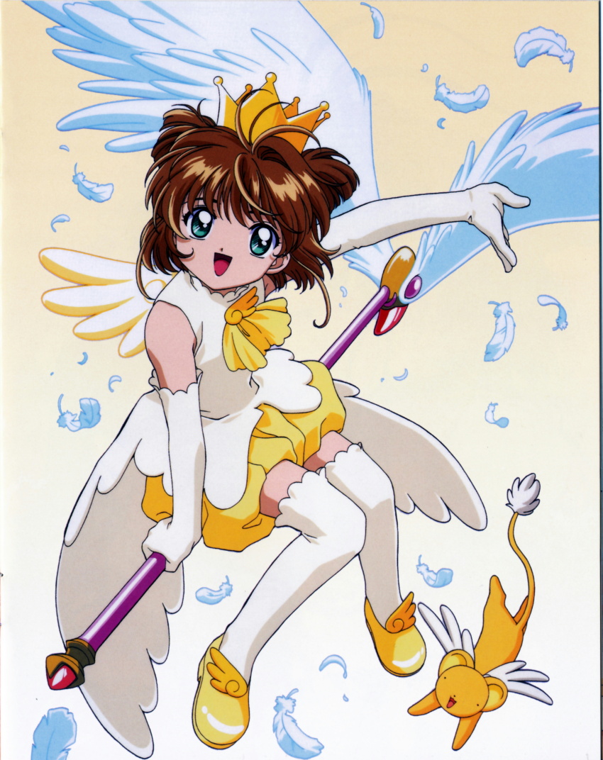 1girl absurdres artist_request brown_hair cardcaptor_sakura crown gloves green_eyes happy highres kero_(cardcaptor_sakura) kinomoto_sakura kinomoto_sakura_(miraculous_sakura) looking_at_viewer magical_girl official_art open_mouth shoes sitting wand wings yellow_shoes