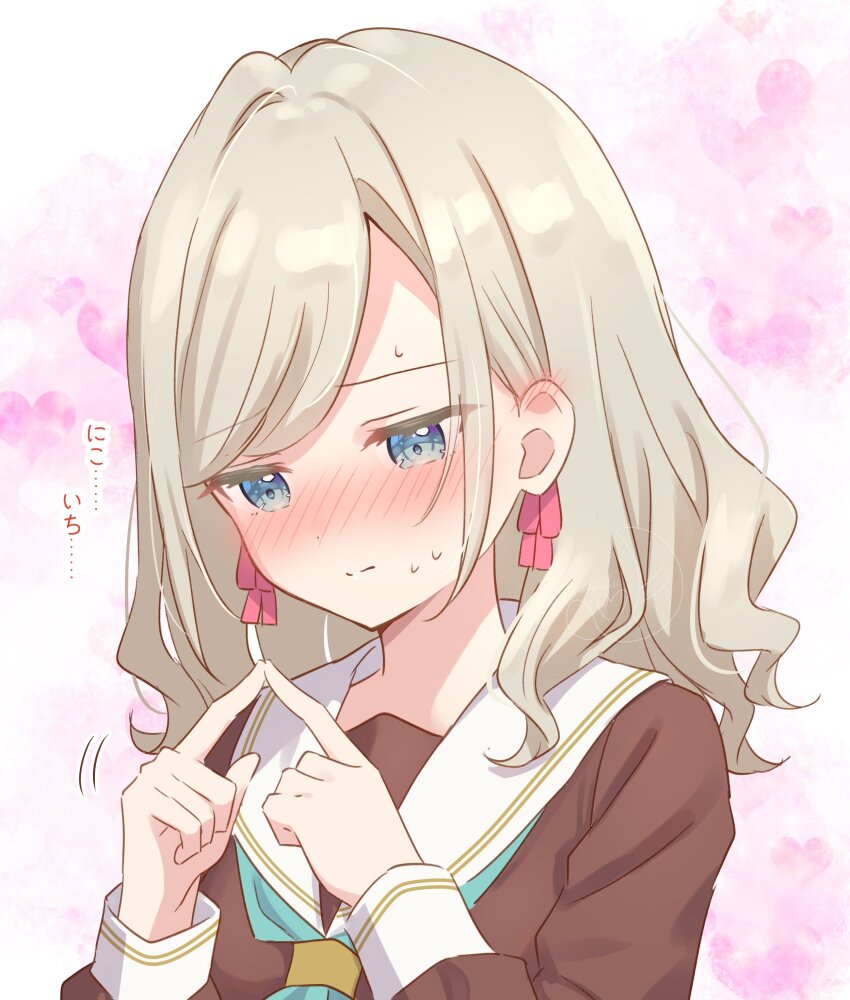 1girl absurdres aqua_neckerchief blue_eyes blush brown_dress ceras_yanagida_lilienfeld closed_mouth commentary_request dress embarrassed grey_hair hair_ribbon hanazora_satsuki hasu_no_sora_school_uniform heart heart_background highres index_fingers_together light_frown link!_like!_love_live! long_hair long_sleeves looking_down love_live! neckerchief nervous_sweating nose_blush pink_background pink_ribbon ribbon sailor_collar sailor_dress school_uniform solo split_mouth sweat swept_bangs translation_request upper_body virtual_youtuber wavy_hair white_sailor_collar winter_uniform
