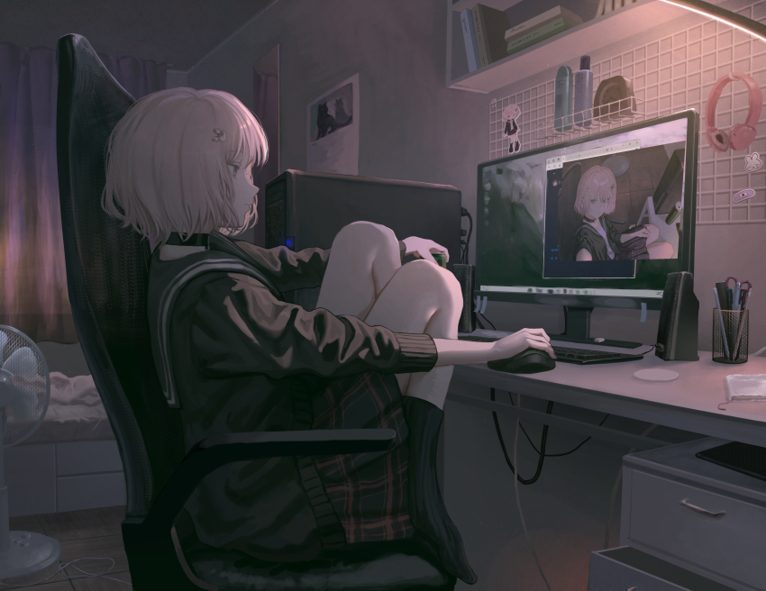 1girl absurdres ankle_socks black_choker black_serafuku black_socks black_sweater blonde_hair bob_cut calendar_(object) can chair choker computer computer_mouse computer_tower curtains energy_drink expressionless fingernails from_side full_body hair_ornament highres holding holding_can holding_computer_mouse indoors knees_up kyano_(kyanora3141) long_sleeves monitor no_shoes office_chair original plaid_clothes plaid_skirt profile purple_eyes rabbit_hair_ornament red_nails revision ribbed_socks school_uniform serafuku short_hair sitting skirt slice_of_life socks solo sweater swivel_chair