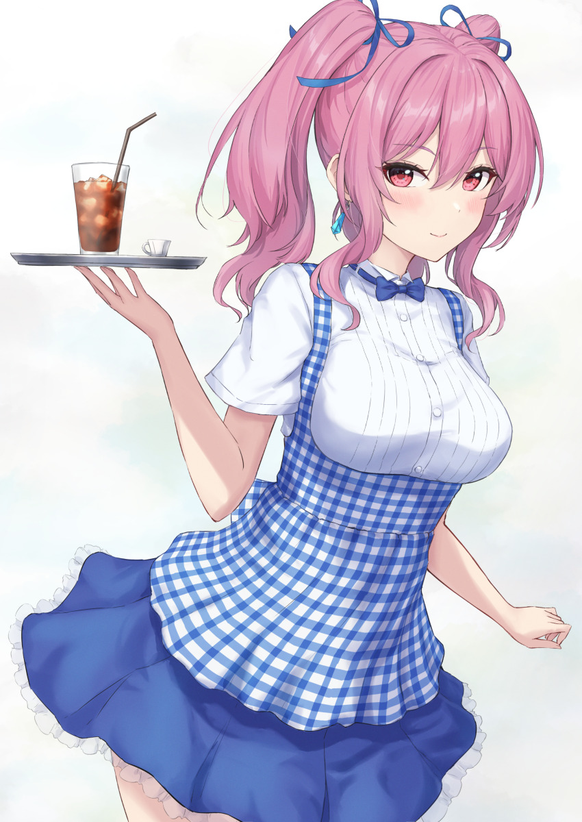 1girl absurdres apron blue_dress blue_ribbon blue_skirt blush breasts dress earrings glass highres holding holding_tray jewelry large_breasts long_hair looking_at_viewer monoku phantasy_star phantasy_star_online_2 phantasy_star_online_2_new_genesis pink_hair plaid_apron plaid_clothes popona red_eyes ribbon shirt simple_background skirt smile solo tray twintails white_background white_shirt