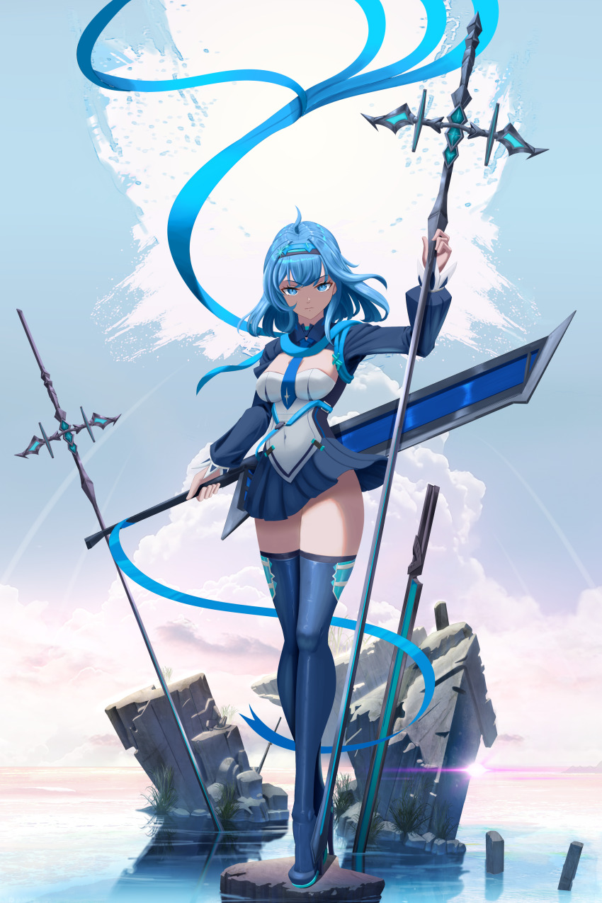 1girl absurdres artknight045 blue_eyes blue_hair blue_necktie blue_ribbon blue_skirt boots breasts day high_heel_boots high_heels highres holding holding_polearm holding_sword holding_weapon huge_weapon long_hair long_sleeves medium_breasts miniskirt necktie original outdoors pleated_skirt polearm ribbon rock skirt solo sword thigh_boots thighhighs water weapon zettai_ryouiki