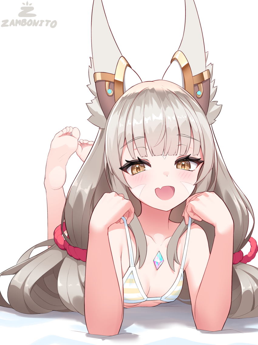 1girl absurdres animal_ear_fluff animal_ears artist_name barefoot blunt_bangs blush breasts cat_ears chest_jewel commentary facial_mark fang feet grey_hair highres long_hair low_twintails lying nia_(xenoblade) on_stomach open_mouth skin_fang small_breasts soles solo the_pose toes twintails xenoblade_chronicles_(series) xenoblade_chronicles_2 yellow_eyes zambonito