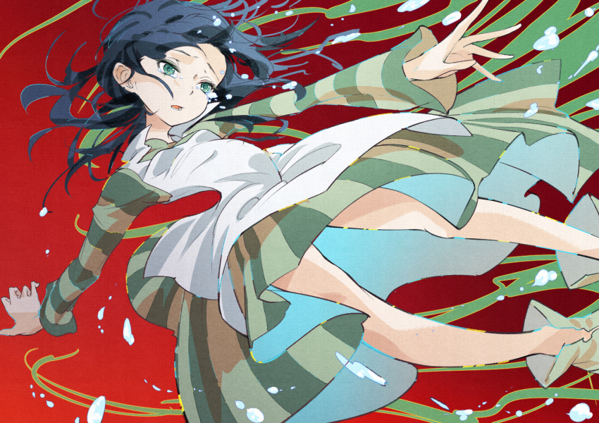 1girl apron arched_back arms_up bad_anatomy black_hair boots breasts brown_boots bubble cluseller crying dress female_focus gradient_background green_dress green_eyes kemurikusa long_sleeves medium_hair messy_hair open_mouth outstretched_arms red_background riri_(kemurikusa) simple_background sketch small_breasts solo striped_clothes striped_dress tears teeth tongue underwater