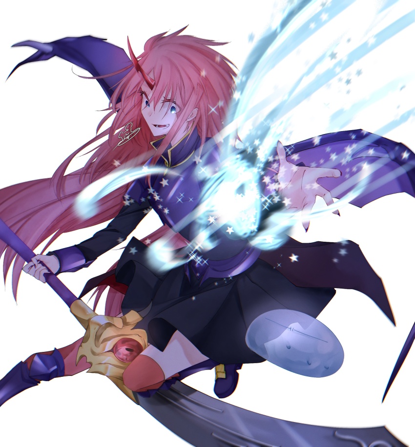1girl 1other =_= armor black_shirt black_skirt blue_eyes breastplate dragon_girl dragon_wings energy_ball fingernails foot_out_of_frame highres horns kneehighs long_hair long_sleeves looking_at_another lower_teeth_only milim_nava open_mouth orange_socks pink_hair red_horns rimuru_tempest rin862230 sharp_fingernails shin_guards shirt signature simple_background single_horn skirt slime_(creature) socks star_(symbol) sweat teeth tensei_shitara_slime_datta_ken white_background wings