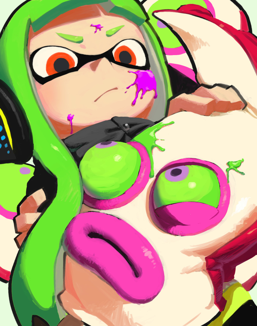 1girl agent_3_(splatoon) behind-the-head_headphones black_jacket black_outline closed_mouth colored_sclera commentary_request creature green_hair green_sclera headphones highres holding holding_creature inkling jacket long_hair nintendo octarian_(enemy) octotrooper orange_eyes outline paint_splatter paint_splatter_on_face purple_eyes splatoon_(series) splatoon_1 tentacle_hair thick_lips twintails v-shaped_eyebrows very_long_hair zendoundo