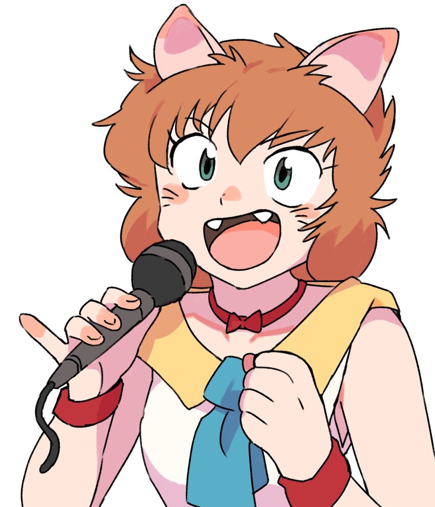 1girl :d animal_ears aqua_eyes blue_necktie blush_stickers brown_hair choker clenched_hand collarbone facial_mark fangs fox_ears fox_girl gan2 hair_between_eyes hands_up highres holding holding_microphone koto_(yu_yu_hakusho) microphone necktie open_mouth red_choker short_hair short_necktie simple_background sleeveless smile solo square-end_necktie upper_body whisker_markings white_background wristband yuu_yuu_hakusho
