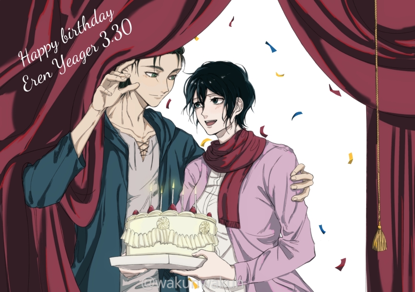 1boy 1girl absurdres black_hair blush cake candle closed_mouth commentary confetti couple curtains dated english_commentary english_text eren_yeager food green_eyes green_jacket hair_between_eyes hand_on_another&#039;s_arm happy_birthday hetero highres holding holding_cake holding_food jacket looking_at_another mikasa_ackerman pink_jacket red_scarf scarf shingeki_no_kyojin shirt short_hair smile strawberry_cake teeth tongue wakunwakun white_background white_shirt