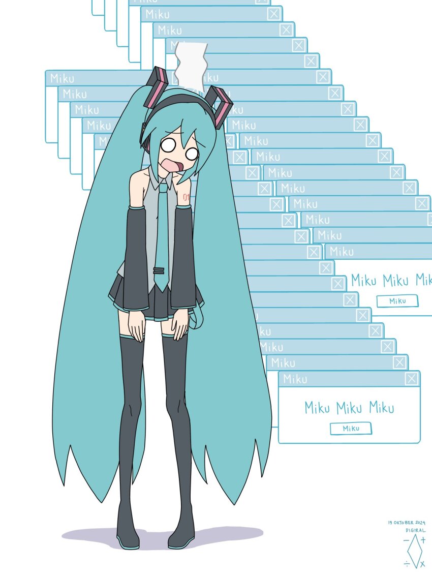 1girl aqua_hair artist_logo artist_name black_boots black_skirt black_sleeves boots collared_shirt commentary dated detached_sleeves digiral english_commentary error_message grey_shirt hair_ornament hatsune_miku headphones highres logo long_hair long_sleeves miniskirt o_o open_mouth pleated_skirt shirt simple_background skirt sleeveless sleeveless_shirt solo standing thigh_boots thighhighs twintails very_long_hair vocaloid white_background zettai_ryouiki