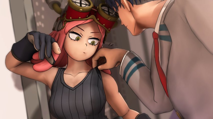 1boy 1girl 3d adjusting_clothes bare_shoulders blue_hair boku_no_hero_academia breasts cleavage collarbone english_text glasses gloves goggles goggles_on_head greatm8 hatsume_mei highres iida_tenya large_breasts leaning_to_the_side looking_at_another medium_hair necktie pink_hair red_necktie school_uniform short_hair tank_top u.a._school_uniform yellow_eyes