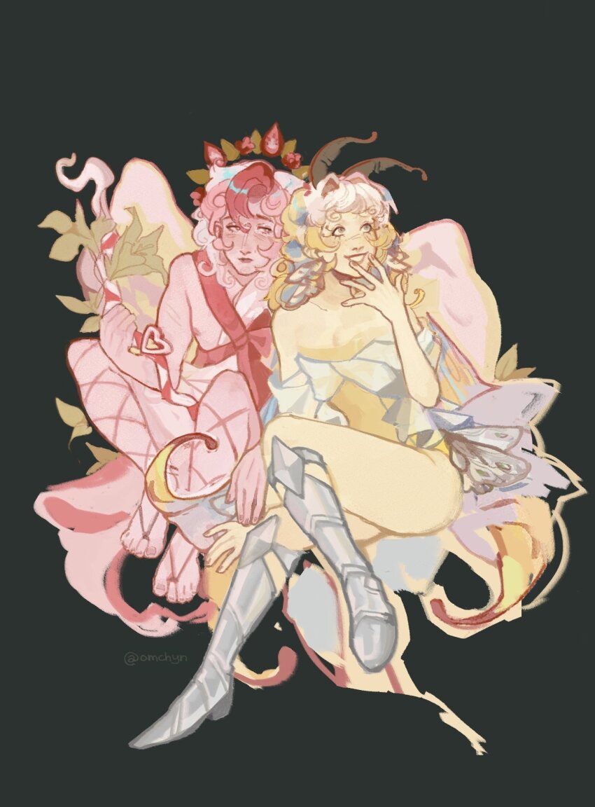 1boy 1girl angel_wings armored_boots boots butterfly_wings colored_skin cookie_run cookie_run:_kingdom halo highres insect_wings leotard long_hair looking_at_another multicolored_hair omchyn pavlova_cookie red_hair sugarfly_cookie two-tone_hair white_hair wings yellow_leotard yellow_skin