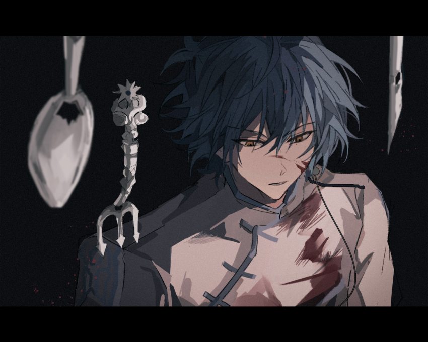 1boy black_background blood blood_on_face blue_hair fork grey_background hair_between_eyes hetero knife krank letterboxed mahoutsukai_no_yakusoku male_focus multicolored_background nero_turner parted_lips short_hair spoon teeth utensil yellow_eyes