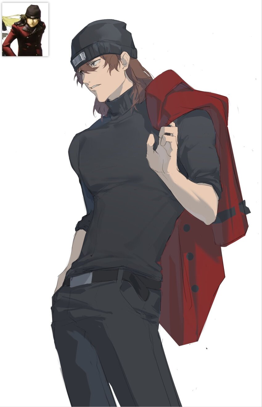 1boy aragaki_shinjirou black_hat black_pants black_shirt brown_hair coat cowboy_shot hat highres holding holding_coat holding_unworn_clothes male_focus medium_hair pants persona persona_3 photo-referenced red_coat shirt simple_background solo unworn_coat white_background yun_(dl2n5c7kbh8ihcx)