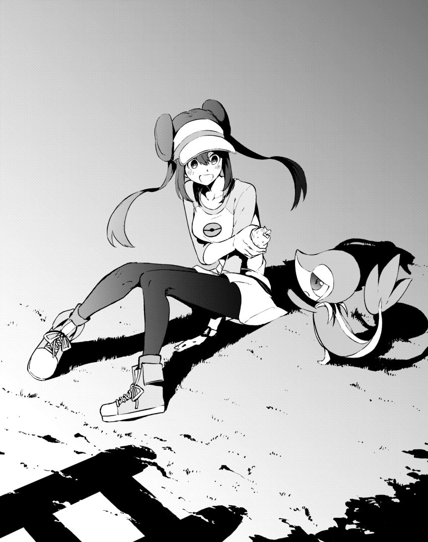 1girl absurdres berry berry_(pokemon) double_bun food fruit gen_5_pokemon greyscale hair_bun highres monochrome nintendo on_grass pantyhose pokemon pokemon_(creature) pokemon_bw2 rosa_(pokemon) sitting skirt smile snivy tsukamoto_minori twintails visor_cap