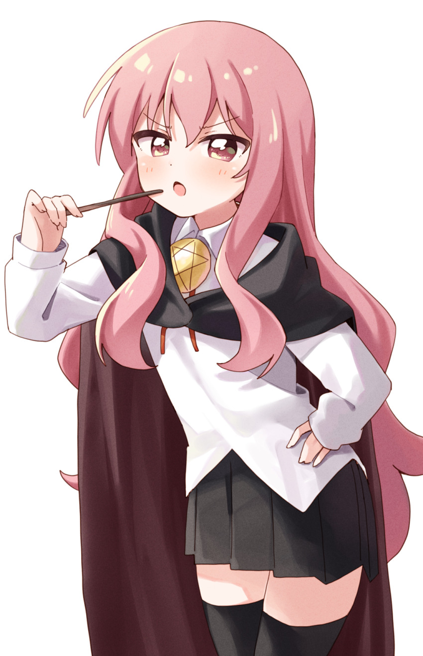 1girl :o black_cape black_skirt black_thighhighs blush bolo_tie cape collared_shirt commentary_request cowboy_shot hand_up haru_(konomi_150) highres holding holding_wand hood hood_down hooded_cape long_hair long_sidelocks looking_at_viewer louise_francoise_le_blanc_de_la_valliere neck_ribbon open_mouth pink_eyes pink_hair pleated_skirt red_ribbon ribbon shirt sidelocks simple_background skirt solo thighhighs v-shaped_eyebrows wand white_background white_shirt zero_no_tsukaima