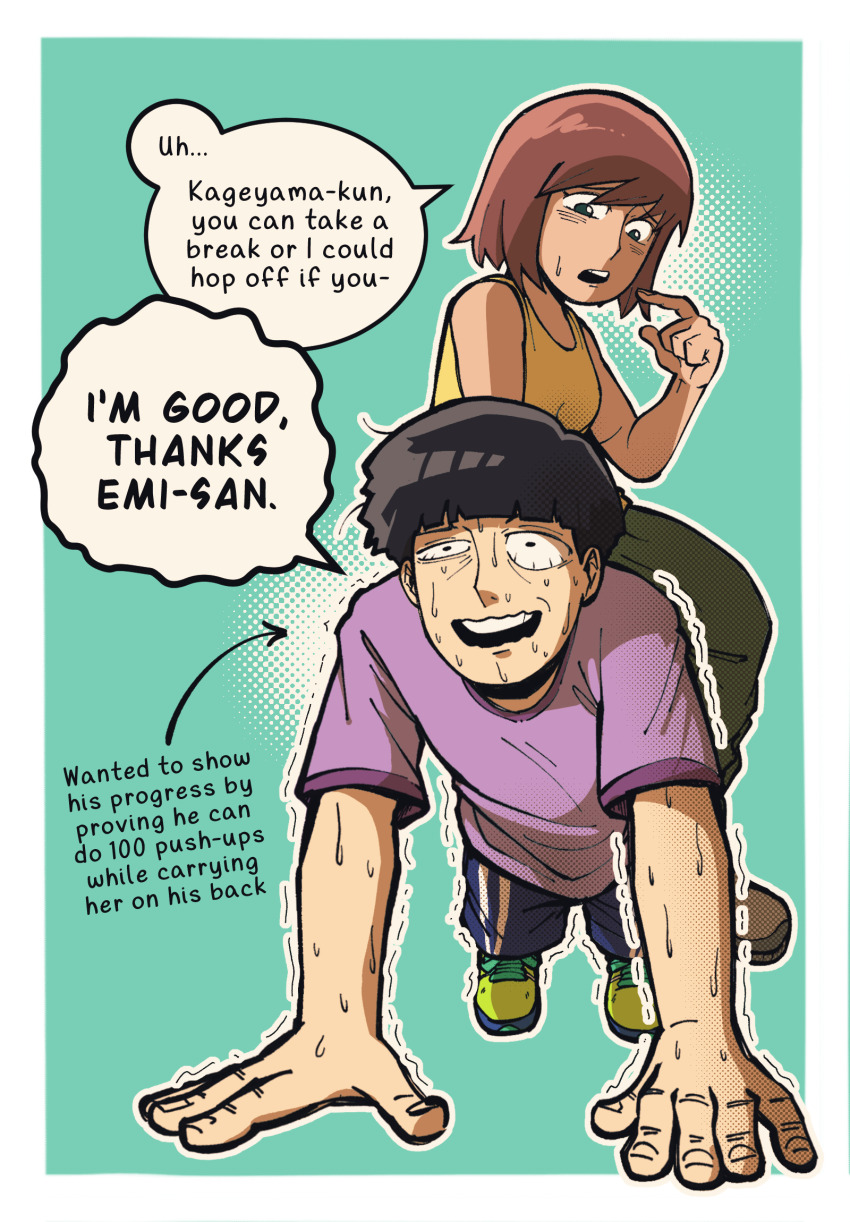 1boy 1girl aqua_background black_hair bowl_cut brown_hair emi_(mob_psycho_100) english_text exercising fukami_emi green_background illogical_snoos kageyama_shigeo mob_psycho_100 nervous purple_shirt push-ups shaking shirt short_hair short_sleeves sitting sitting_on_person sleeveless sleeveless_shirt speech_bubble struggling sweat yellow_shirt