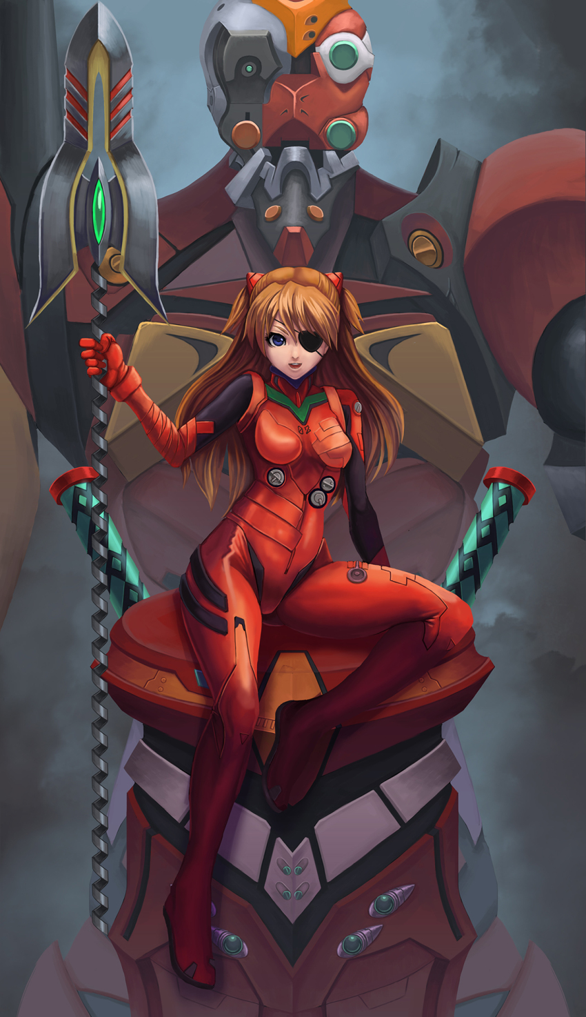 &gt;:d 10s 1girl :d arm_support blue_eyes bodysuit bracer breasts brown_hair eva_02 evangelion:_3.0_you_can_(not)_redo eyepatch full_body gem gloves green_gemstone hair_between_eyes hair_ornament hand_up headgear highres hip_focus holding holding_polearm holding_spear holding_weapon ko-ran long_hair looking_at_viewer mecha mecha_pilot_suit medium_breasts neon_genesis_evangelion one_eye_covered open_mouth orange_hair plugsuit_(evangelion) polearm rebuild_of_evangelion red_bodysuit robot sitting smile souryuu_asuka_langley spear spear_of_cassius spread_legs tape turtleneck two_side_up v-shaped_eyebrows weapon wide_hips