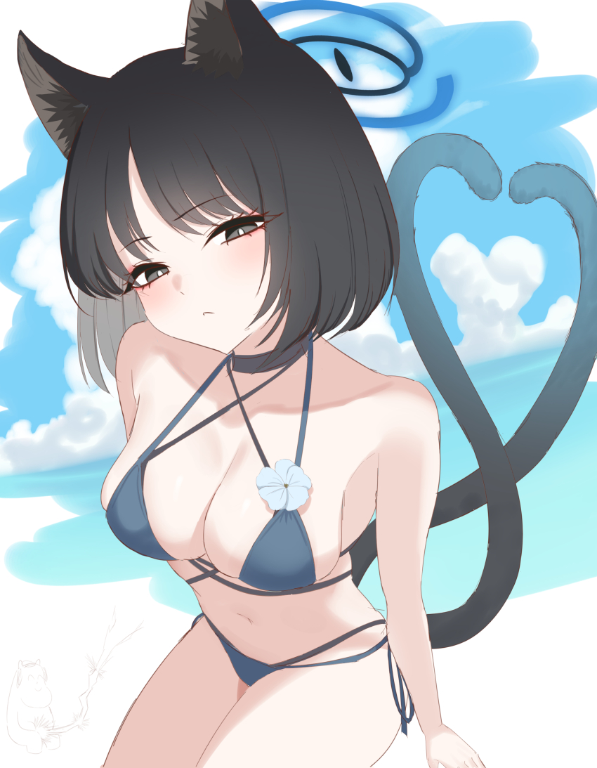 1girl absurdres animal_ear_fluff animal_ears bare_arms bare_shoulders bikini black_eyes black_hair blue_archive blue_bikini blush breasts cat_ears cat_girl cat_tail cleavage closed_mouth commentary highres kikyou_(blue_archive) kikyou_(swimsuit)_(blue_archive) large_breasts looking_at_viewer mokomoko_system multiple_tails navel official_alternate_costume solo swimsuit tail two_tails