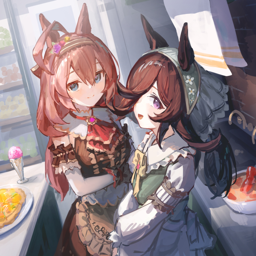 2girls absurdres ahoge animal_ears apron arm_garter ascot blue_eyes bow bowtie breasts brown_dress brown_hair closed_mouth collared_dress dress food green_dress hair_over_one_eye hairband headscarf highres horse_ears ice_cream indoors long_hair long_sleeves looking_at_viewer mihono_bourbon_(code:glassage)_(umamusume) mihono_bourbon_(umamusume) multiple_girls open_mouth plate purple_eyes red_ascot rice_shower_(umamusume) rice_shower_(yummy_dreamy_fairy)_(umamusume) sink sleeveless sleeveless_dress small_breasts smile standing towel umamusume upper_body waist_apron wrist_cuffs yu_hydra