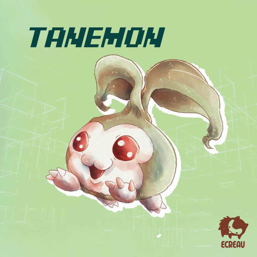 artist_logo artist_name character_name claws digimon digimon_(creature) ecreau green_background highres leaf logo no_humans open_mouth red_eyes solo tanemon