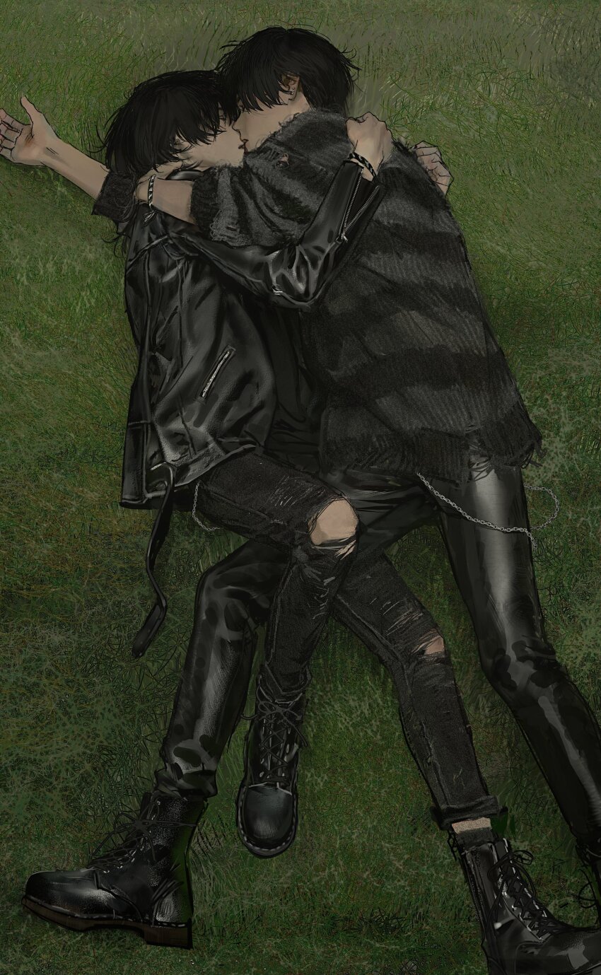 2boys absurdres black_footwear black_hair black_pants boots bracelet closed_eyes denim grass highres hirota_tsuu hug jacket jeans jewelry kiss leather leather_jacket leather_pants lying male_focus multiple_boys on_ground on_side original outdoors pants short_hair torn_clothes torn_jeans torn_pants yaoi