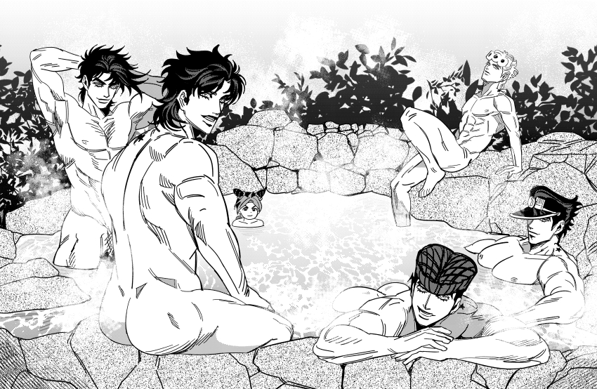 1girl 5boys abs absurdres arms_behind_head ass battle_tendency birthmark bun_with_braided_base commentary_request completely_nude cone_hair_bun danggo99 diamond_wa_kudakenai double_bun giorno_giovanna greyscale hair_bun hat higashikata_josuke highres joestar_birthmark jojo_no_kimyou_na_bouken jonathan_joestar joseph_joestar joseph_joestar_(young) korean_commentary kuujou_jolyne kuujou_joutarou large_pectorals mixed-sex_bathing monochrome multicolored_hair multiple_boys muscular muscular_male nude onsen pectorals phantom_blood pompadour shared_bathing smile star_(symbol) stardust_crusaders stone_ocean two-tone_hair vento_aureo