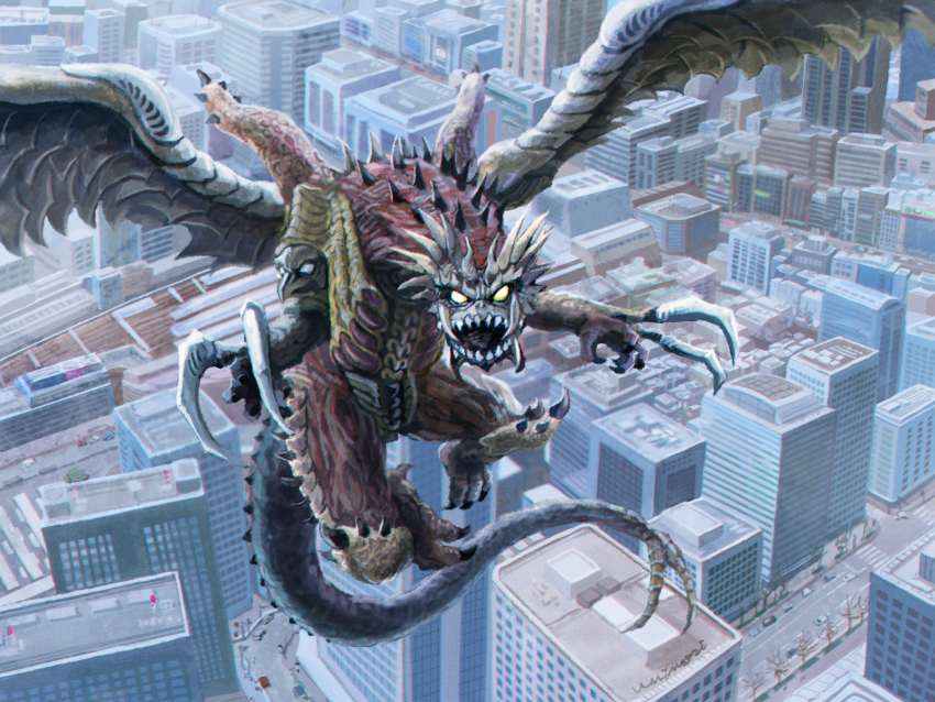 alien beak beast_the_one blue_eyes building car city claws conjoined day feathers flying forked_tail giant giant_monster glowing glowing_eyes highres kaiju looking_at_viewer monster motor_vehicle multiple_heads no_pupils open_mouth road sharp_teeth skyscraper space_monster spikes tail teeth tree tsuburaya_productions ultra_series ultraman:_the_next uninori wings yellow_eyes