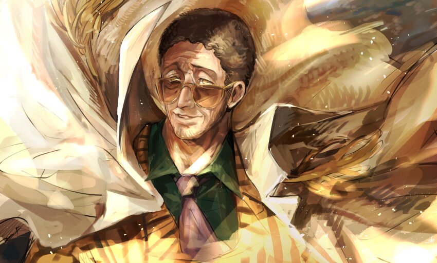 1boy 6cheetah black_hair borsalino_(kizaru) facial_hair formal_clothes highres long_sideburns looking_ahead male_focus mature_male mustache_stubble one_piece photokinesis short_hair sideburns smile solo sparse_stubble stubble suit sunglasses upper_body wrinkled_skin