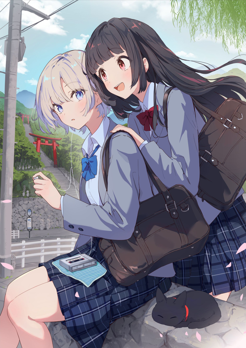 2girls absurdres bag black_hair blue_bow blue_bowtie blue_eyes blue_skirt blue_sky blunt_bangs bow bowtie brown_hair bus_stop cat cloud commentary_request day grey_jacket highres jacket kodamazon long_hair long_sleeves multiple_girls original outdoors pleated_skirt railing red_bow red_bowtie red_eyes road school_bag school_uniform second-party_source shirt short_hair sidelocks sitting skirt sky stairs standing torii tree utility_pole white_shirt