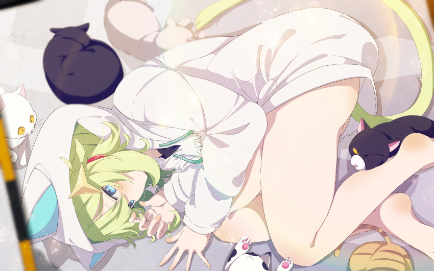 1girl animal_ears animal_hood bare_legs barefoot black_cat blue_eyes blush cat cat_ears cat_girl cat_hood cat_tail commission feet green_hair green_nails highres hood hood_up hoodie long_sleeves looking_at_viewer lying nail_polish no_panties on_side original shiro9jira short_hair skeb_commission solo tail toes white_cat white_hoodie yarn