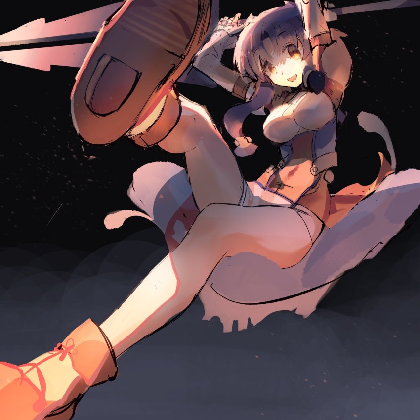 1girl aquaplus arms_up atuy bcm blue_hair boots breasts cleavage cleavage_cutout clothing_cutout dress eyes_visible_through_hair fingernails from_below from_side full_body gradient_eyes hair_over_shoulder head_tilt highres holding holding_polearm holding_spear holding_weapon large_breasts leg_up long_sleeves looking_at_viewer multicolored_eyes open_mouth orange_eyes parted_bangs polearm puffy_sleeves raised_eyebrows shaded_face short_hair_with_long_locks short_shorts shorts sidelocks sketch solo spear thighs toned toned_female utawarerumono utawarerumono:_itsuwari_no_kamen weapon