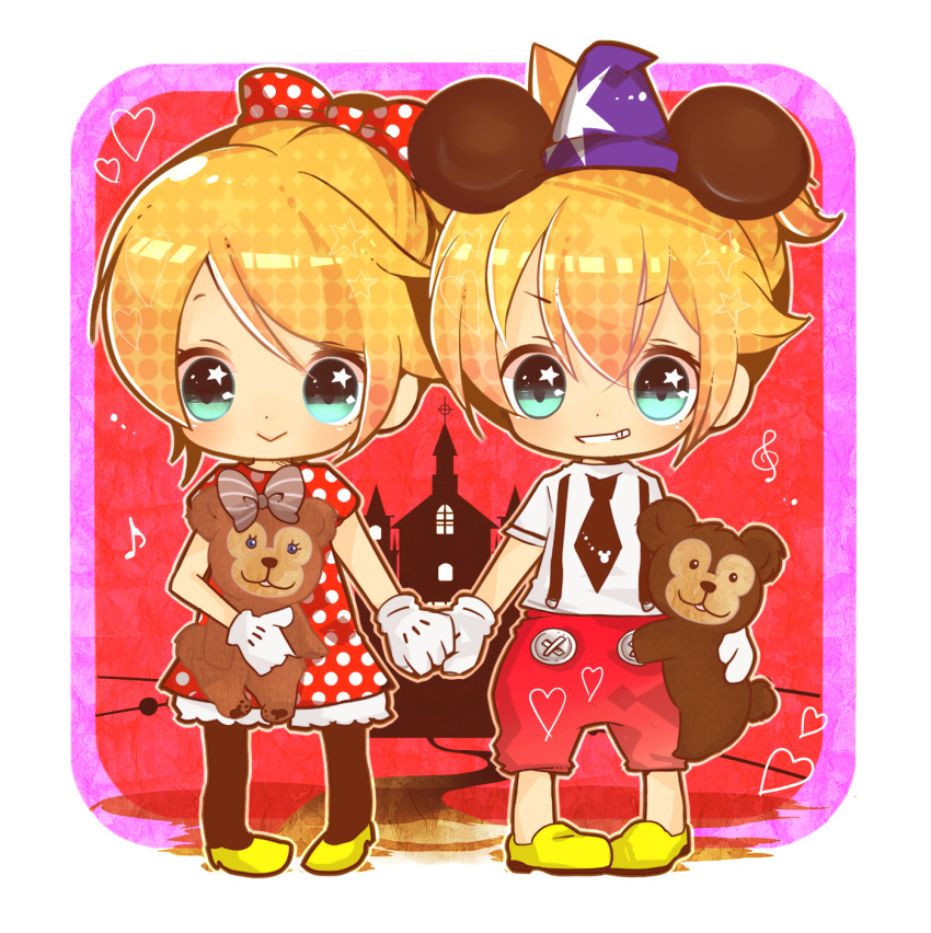 1boy 1girl alternate_costume aqua_eyes blonde_hair blue_eyes cosplay hair_ornament hairclip highres kagamine_len kagamine_rin looking_at_viewer mami_(sweetcandy) mickey_mouse mickey_mouse_&amp;_friends mickey_mouse_(cosplay) minnie_mouse minnie_mouse_(cosplay) shirt short_hair shorts siblings smile vocaloid