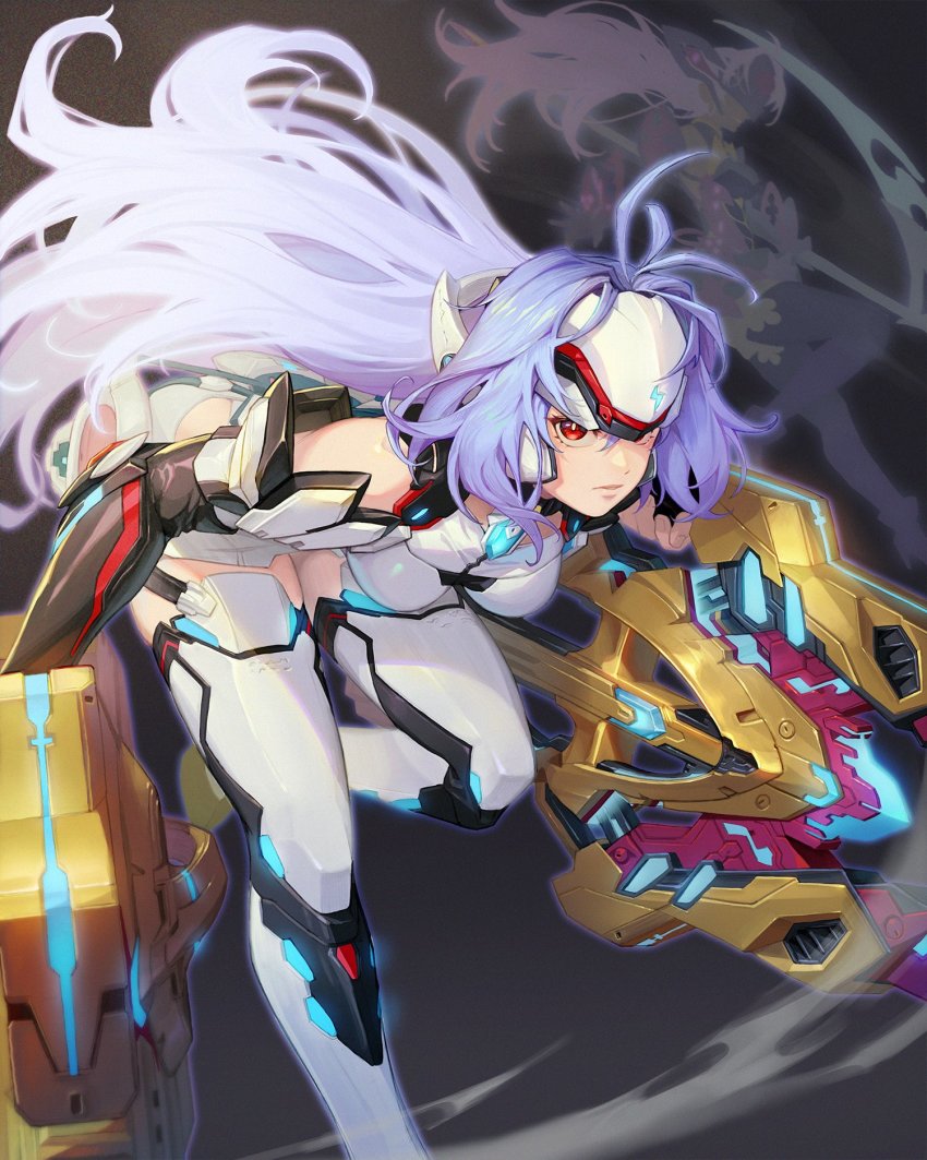 2girls android bare_shoulders breasts energy_weapon f.k_(hs225kr) forehead_protector gloves grey_background highres kos-mos kos-mos_re: leaning_forward long_hair looking_at_viewer medium_breasts multiple_girls purple_eyes red_eyes scythe simple_background solo_focus t-elos t-elos_re: thighhighs very_long_hair weapon xenoblade_chronicles_(series) xenoblade_chronicles_2 xenosaga