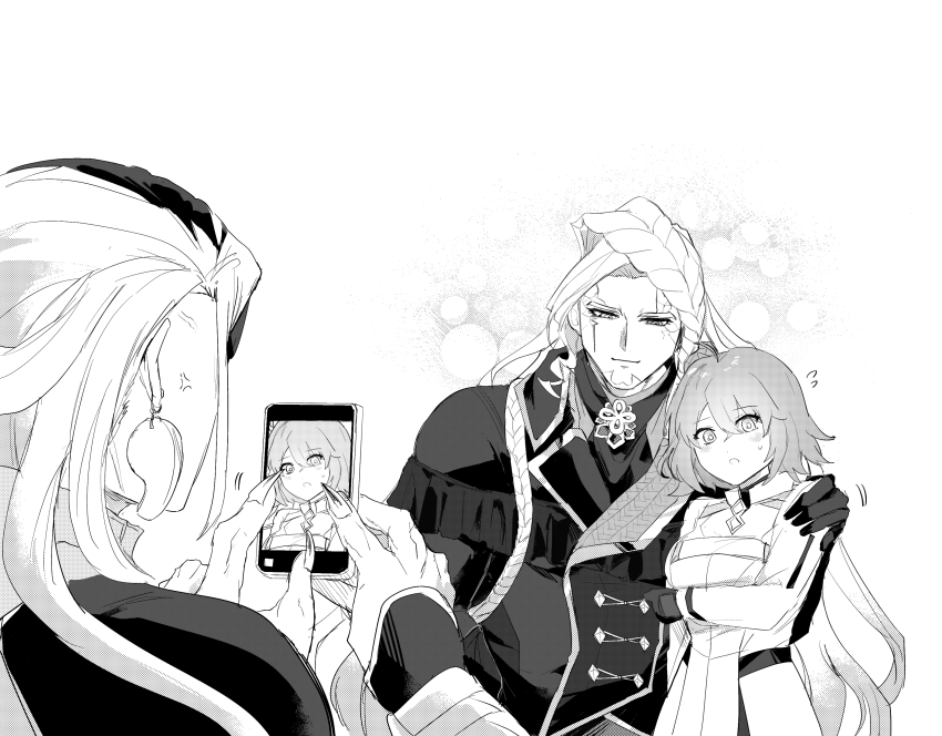 1girl 2boys absurdres ahoge alessandro_di_cagliostro_(fate) anger_vein arm_around_shoulder ashiya_douman_(fate) blush bubble_background cellphone commentary_request different_viewfinder earrings fate/grand_order fate_(series) flying_sweatdrops fujimaru_ritsuka_(female) fujimaru_ritsuka_(female)_(decisive_battle_chaldea_uniform) greyscale hand_on_another&#039;s_shoulder highres holding holding_phone jewelry k_ruc long_hair monochrome moon multiple_boys phone small_sweatdrop smartphone smile tomoe_(symbol)