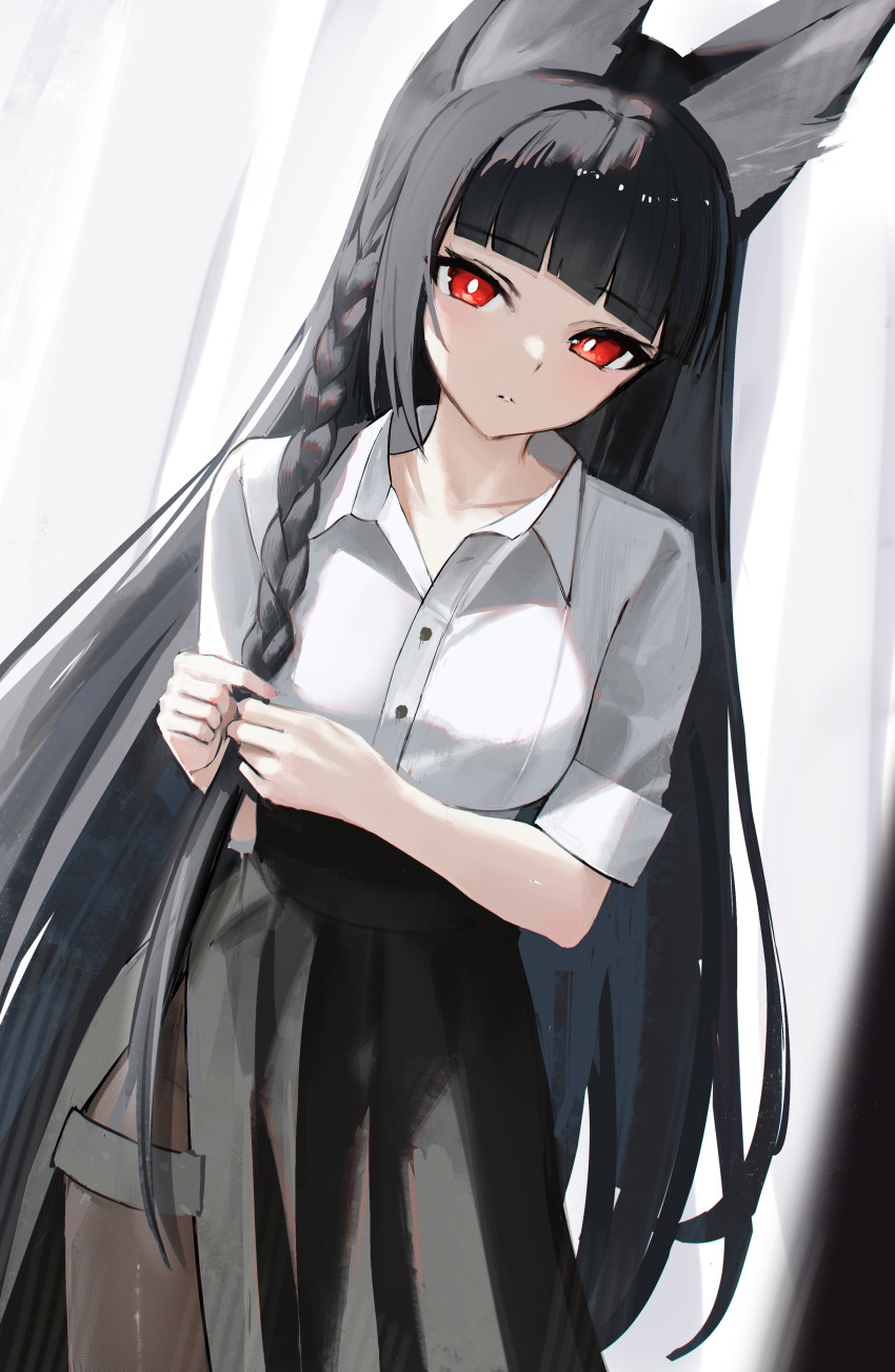 1girl absurdres animal_ear_fluff animal_ears black_pantyhose black_skirt blunt_bangs braid braiding_hair collared_shirt commentary_request cowboy_shot fox_ears fox_girl hairdressing high-waist_skirt highres hoshimi_miyabi long_hair looking_at_viewer pantyhose red_eyes shirt single_braid skirt solo thomas_8000 white_shirt zenless_zone_zero