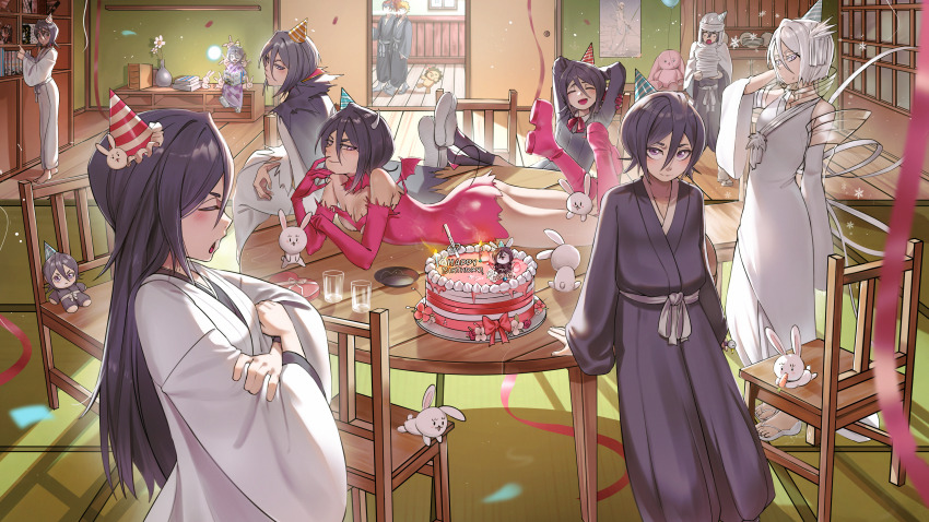 2boys 6+girls abarai_renji absurdres ass bankai birthday_cake black_hair black_kimono bleach bleach:_epilogue bleach:_fade_to_black bleach:_sennen_kessen-hen breasts cake carrot chair chappy character_doll cloak commentary confetti crossed_arms dark_rukia english_commentary food grey_hair hakka_no_togame_(bankai) haori happy_birthday hat highres japanese_clothes kimono kon_(bleach) kuchiki_byakuya kuchiki_rukia kurosaki_ichigo long_hair looking_at_viewer manga_(object) mini_party_hat multiple_boys multiple_girls multiple_persona official_alternate_costume party_hat poster_(object) purple_eyes school_uniform short_hair small_breasts spit_take spitting table taichou_haori time_paradox turban waligner white_hair