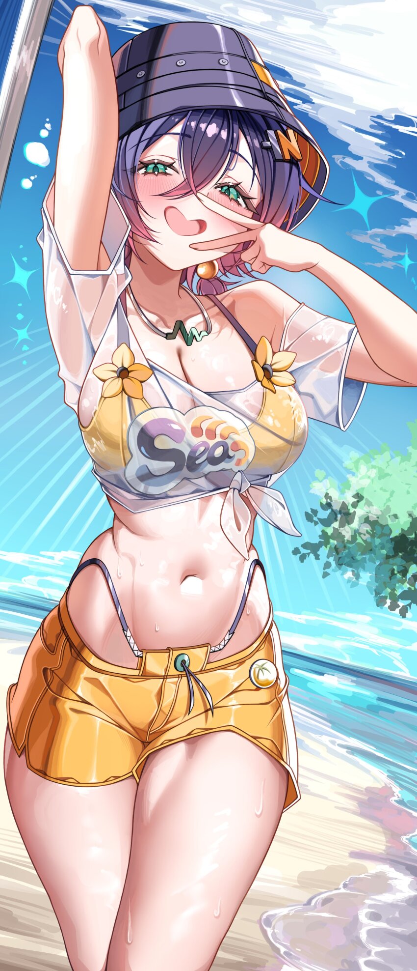 1girl absurdres aqua_eyes arm_up beach belle_(zenless_zone_zero) bikini bikini_top_under_shirt black_hat blue_hair blush breasts bucket_hat cleavage collarbone crossed_bangs day hair_between_eyes hair_ornament hat heart-shaped_mouth highres large_breasts letter_hair_ornament looking_at_viewer low_twintails marck_(marck1703) navel official_alternate_costume official_alternate_hairstyle open_mouth outdoors see-through_clothes see-through_shirt shirt short_hair short_shorts short_twintails shorts smile solo stomach sweat swimsuit thighs tied_shirt twintails v white_shirt yellow_bikini yellow_shorts zenless_zone_zero