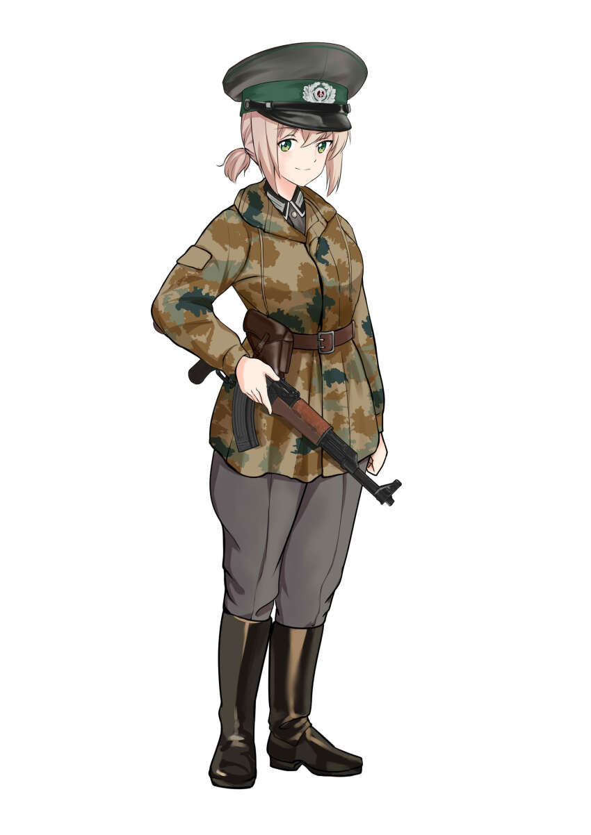 1girl absurdres arm_pouch assault_rifle belt blonde_hair boots camoflauge collar east_germany green_hair gun hat highres holding holding_gun holding_weapon holster jacket military military_hat military_uniform mpi-km nationale_volksarmee original pants qian rifle simple_background small_ponytail string weapon