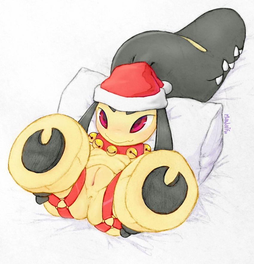 1girl animal_collar anus artist_name bed_sheet bell black_hair black_skin blush breasts cleft_of_venus closed_mouth clothed_pokemon collar colored_skin extra_mouth feet female_focus flat_chest from_above full_body fur-trimmed_hat gen_3_pokemon hat jingle_bell legs_up light_blush long_hair looking_afar looking_up lying mawaifu mawile multicolored_skin neck_bell nintendo nipples nose_blush o-ring on_back pillow pokemon pokemon_(creature) pom_pom_(clothes) presenting pussy red_eyes red_hat santa_hat sharp_teeth signature simple_background small_breasts soles solo spread_legs teeth thick_thighs thigh_strap thighs two-tone_skin uncensored white_background yellow_skin