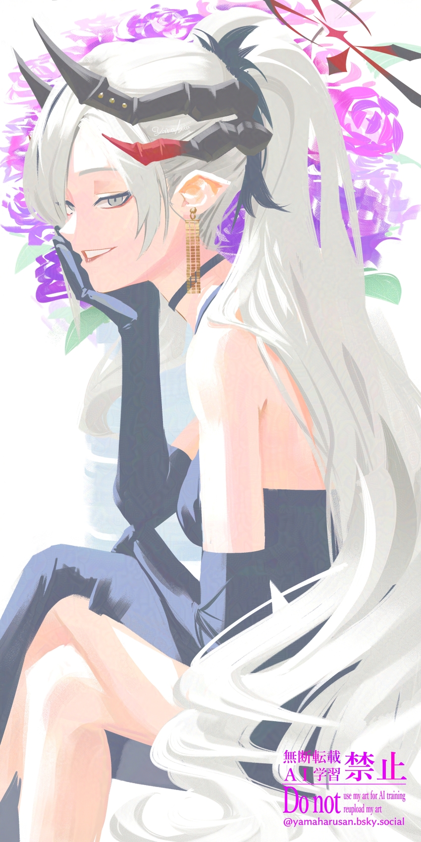 1girl absurdres black_choker black_dress black_gloves blue_archive choker demon_girl demon_horns dress earrings elbow_gloves from_side gloves grey_eyes grin highres horns jewelry looking_at_viewer makoto_(blue_archive) makoto_(dress)_(blue_archive) official_alternate_costume official_alternate_hairstyle pointy_ears ponytail smile solo white_hair yamaharu_(xxzf7284)