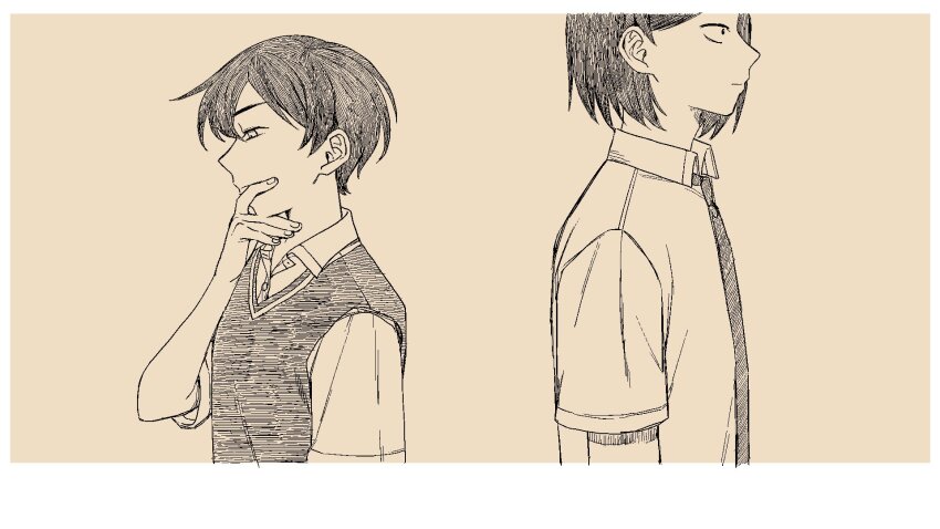 1boy 1girl back-to-back closed_mouth collared_shirt cousins dress_shirt from_side futsuu_no_keion-bu hand_on_own_face height_difference highres kouyama_rin necktie pixie_cut profile rra_(yj) school_uniform shirt short_hair short_sleeves simple_background sweater_vest taguchi_ryuuya thinking upper_body
