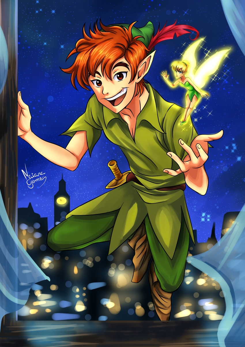 1boy absurdres black_footwear blonde_hair blue_eyes boots brown_eyes brown_hair bug dress fairy feathers fly fly_agaric green_dress green_hat green_shirt green_tunic hat hat_feather highres insect leaf mushroom peter_pan peter_pan_(character) pointy_ears red_feathers shirt short_hair size_difference sword tinker_bell_(character) tinker_bell_(disney) toon_(style) tunic walt_disney&#039;s_peter_pan watermark weapon