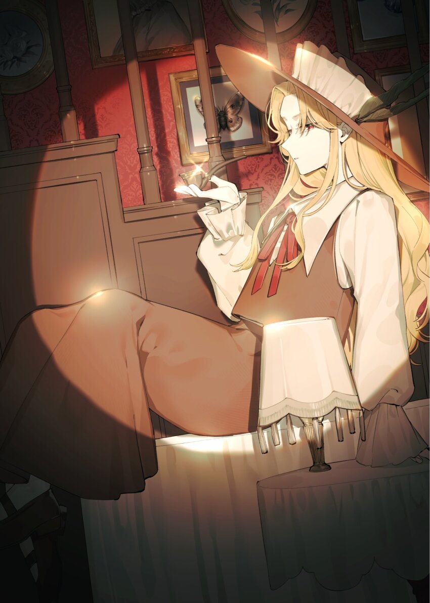 1girl arm_support black_hat black_skirt black_vest blonde_hair bug collared_shirt dolls_in_pseudo_paradise from_side hashtag-only_commentary hat highres holding holding_smoking_pipe indoors insect jacket_girl_(dipp) lamp laspberry. long_hair long_sleeves moth on_table picture_frame railing red_eyes red_ribbon ribbon shirt shoes sitting skirt smoking_pipe solo spotlight stairs table touhou very_long_hair vest white_shirt zoological_specimen