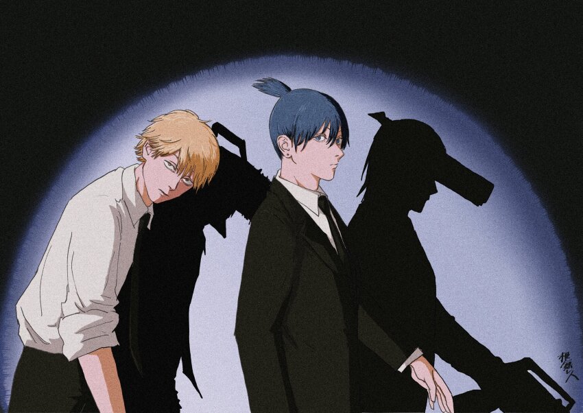 2boys assault_rifle black_hair black_jacket black_necktie black_pants blonde_hair chainsaw chainsaw_man collared_shirt denji_(chainsaw_man) different_shadow earrings formal_clothes gun gun_devil_(chainsaw_man) hayakawa_aki highres jacket jewelry looking_at_viewer male_focus multiple_boys necktie nenashibito pants rifle shirt shirt_tucked_in short_hair sideways_glance sleeves_rolled_up slouching spotlight stud_earrings suit suit_jacket topknot weapon white_shirt