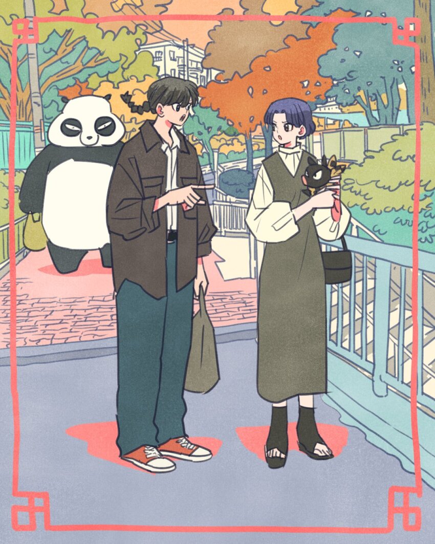 1boy 1girl alternate_form animal bag black_dress black_shirt braid braided_ponytail dress full_body highres holding holding_animal holding_bag long_sleeves outdoors p-chan panda pig pointing purple_hair ranma_1/2 saotome_genma_(panda) saotome_ranma shirt short_hair takeuchi_ryousuke tendou_akane