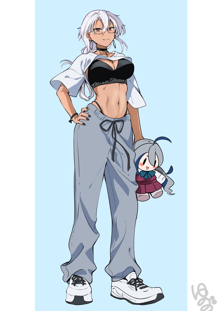 1girl absurdres ahoge alternate_costume black_bra black_choker black_nails black_panties blue_background blush_stickers bra breasts choker cleavage collarbone dark-skinned_female dark_skin doll drawstring dress full_body glasses grey_hair grey_pants groin hair_between_eyes hand_on_own_hip highres kantai_collection kiyoshimo_(kancolle) large_breasts letterboxed long_hair looking_at_viewer musashi_(kancolle) musashi_kai_ni_(kancolle) navel open_clothes panties pants red_dress red_eyes shirt shoes short_sleeves signature simple_background smile sneakers sports_bra standing sweatpants twitter_username underwear white_hair white_shirt yunamaro