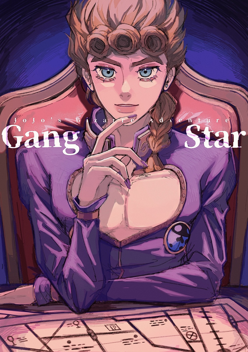 1boy absurdres blonde_hair blue_eyes braid bug cleavage_cutout clothing_cutout crossed_arms ear_piercing earrings english_text giorno_giovanna gold_trim hand_on_own_chin high_collar highres index_finger_raised insect jewelry jojo_no_kimyou_na_bouken ladybug long_hair long_sleeves looking_at_viewer map nail_polish natchan_blue_(nanairopenki) open_mouth paper piercing purple_shirt shirt sitting smile solo table vento_aureo