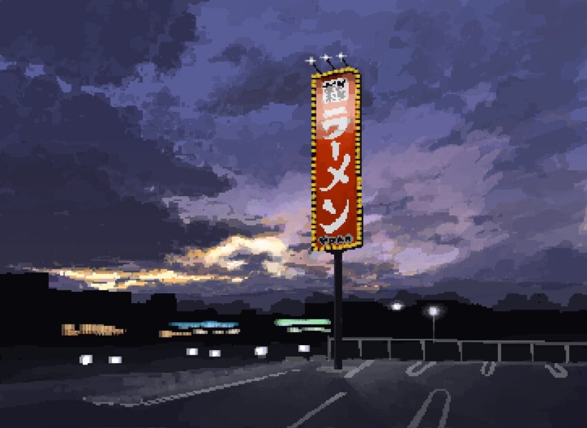 cityscape gradient_sky highres hisachan55cute lamppost no_humans original parking_lot pixel_art purple_clouds railing scenery sign sky sunset